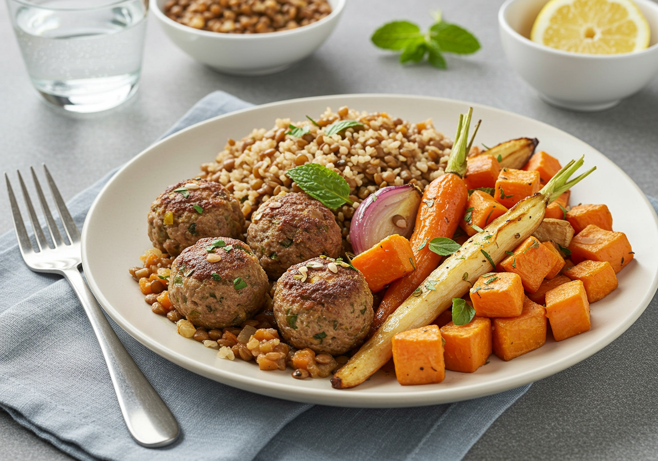 Mediterranean Lamb & Lentil Meatballs with Roasted Root Vegetables