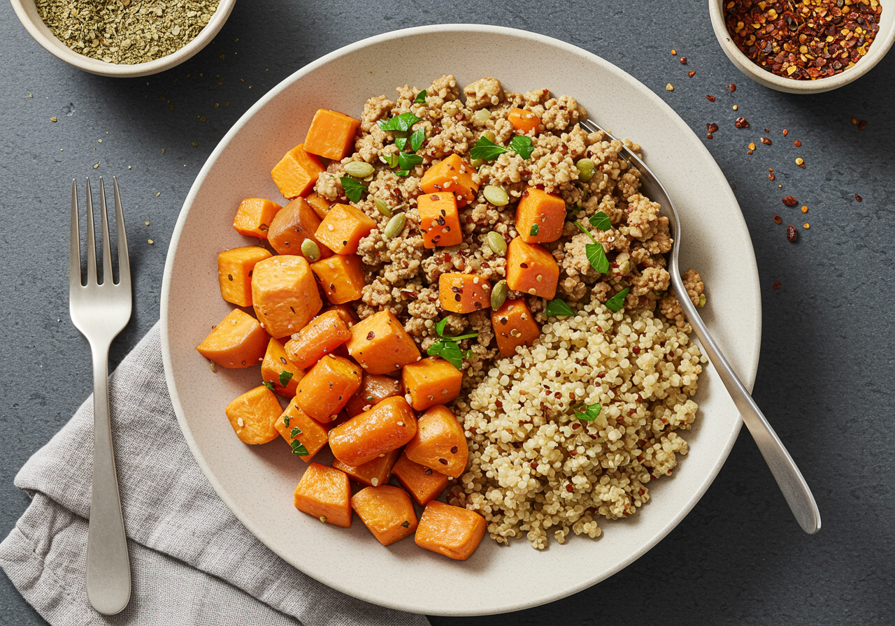 Spiced Turkey and Quinoa Bowl with Roasted Root Vegetables