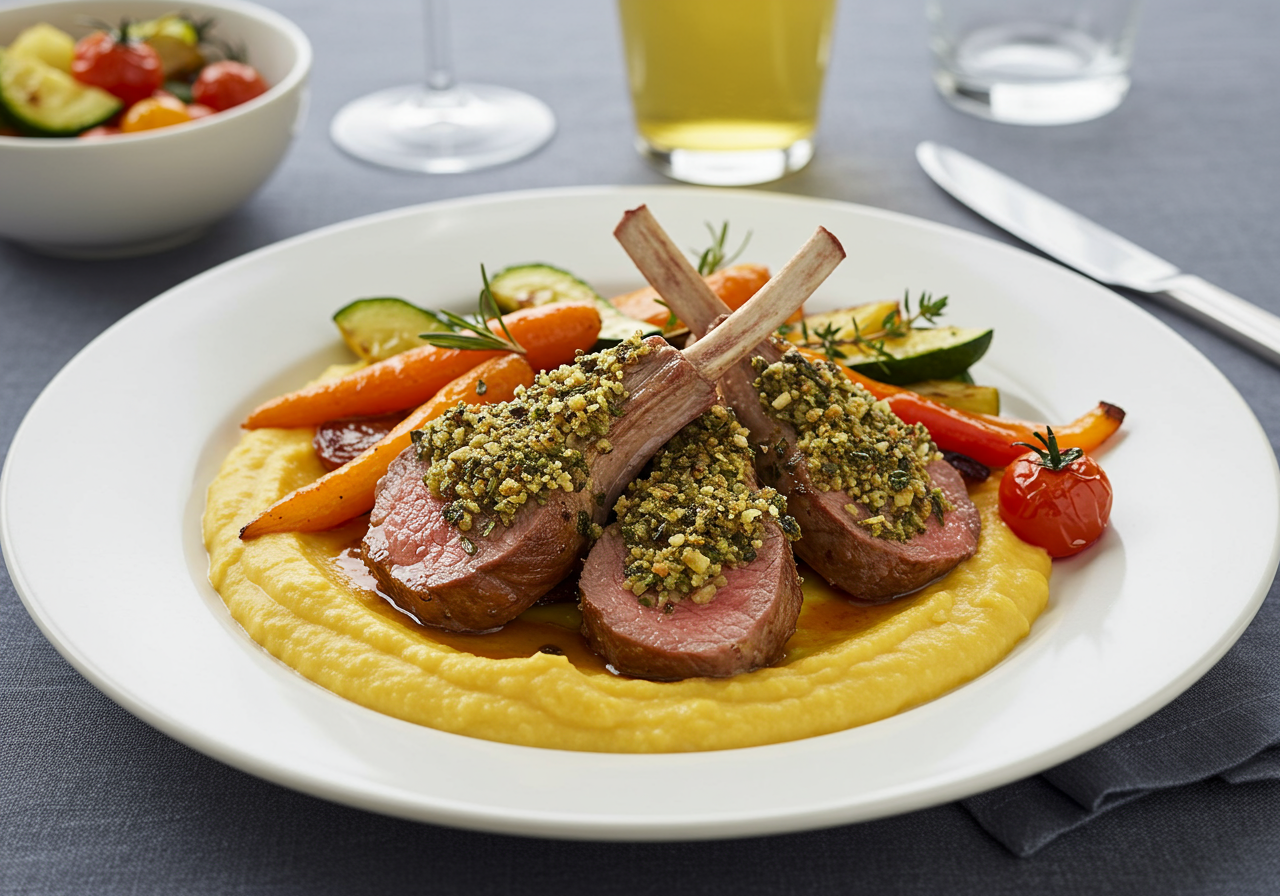 Herb-Crusted Lamb with Parsnip-Carrot Purée