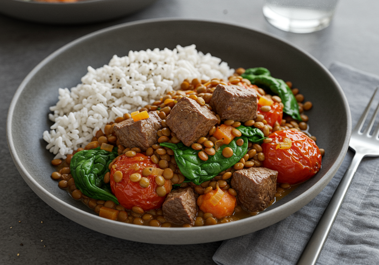 Spiced Lamb and Lentil Stew with Wilted Spinach