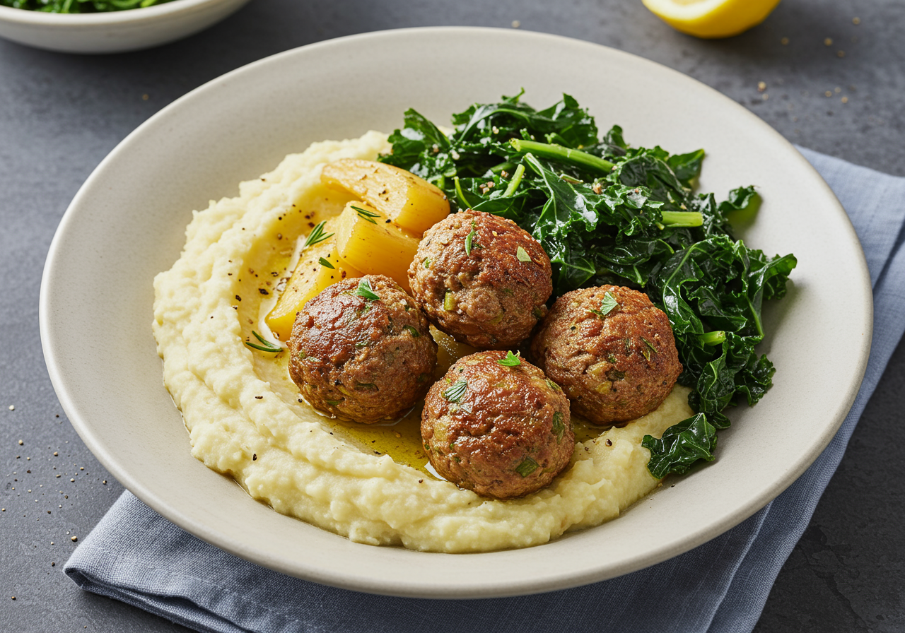 Herbed Lamb Koftas with Celeriac-Parsnip Mash & Sautéed Kale