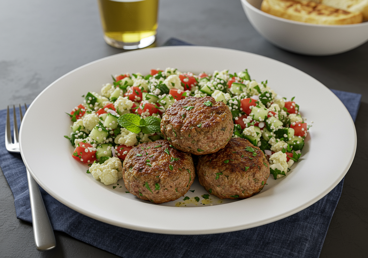 Mediterranean Lamb Koftas with Cauliflower Tabbouleh