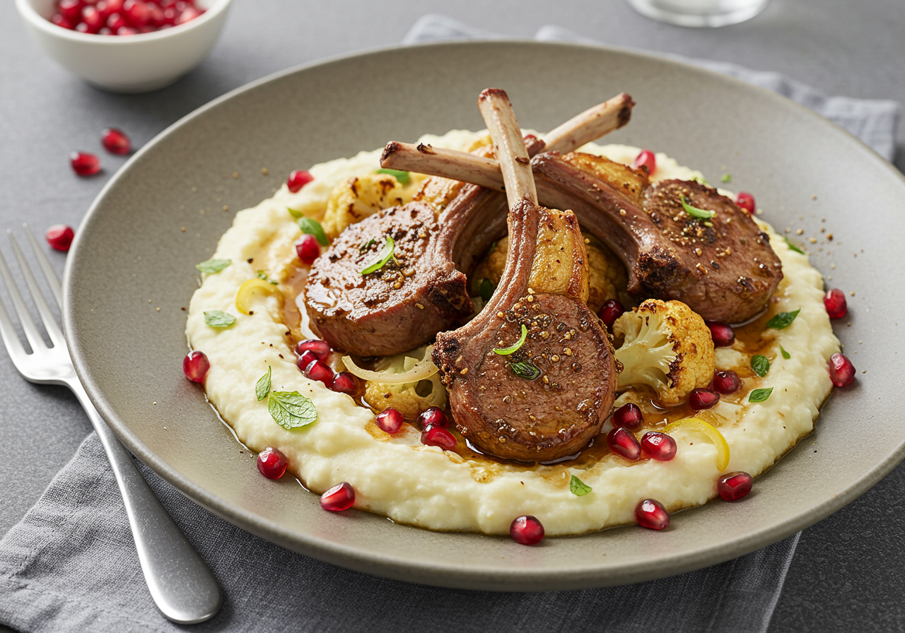 Spiced Lamb Chops with Cauliflower-Pomegranate Mash