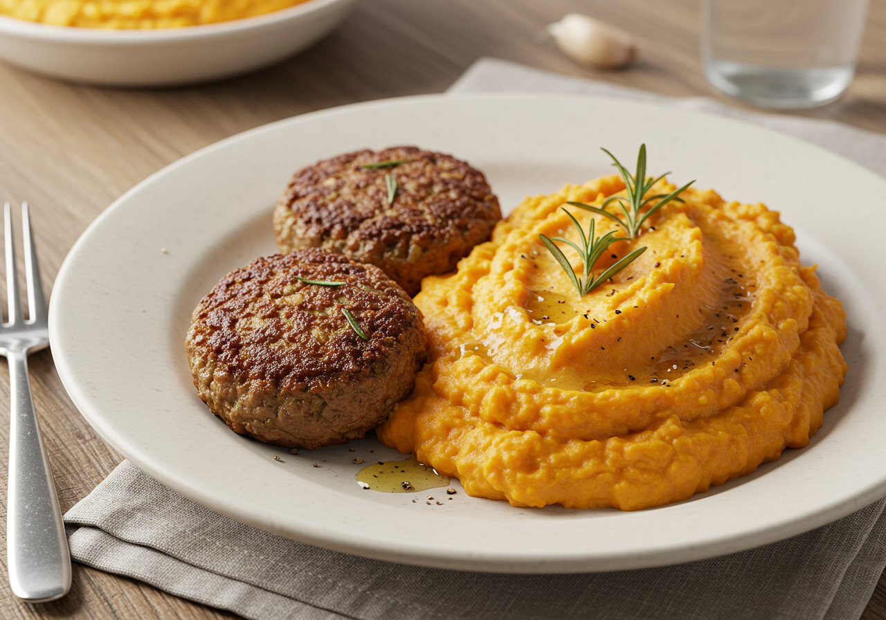 Spiced Lamb Patties with Cauliflower-Sweet Potato Mash