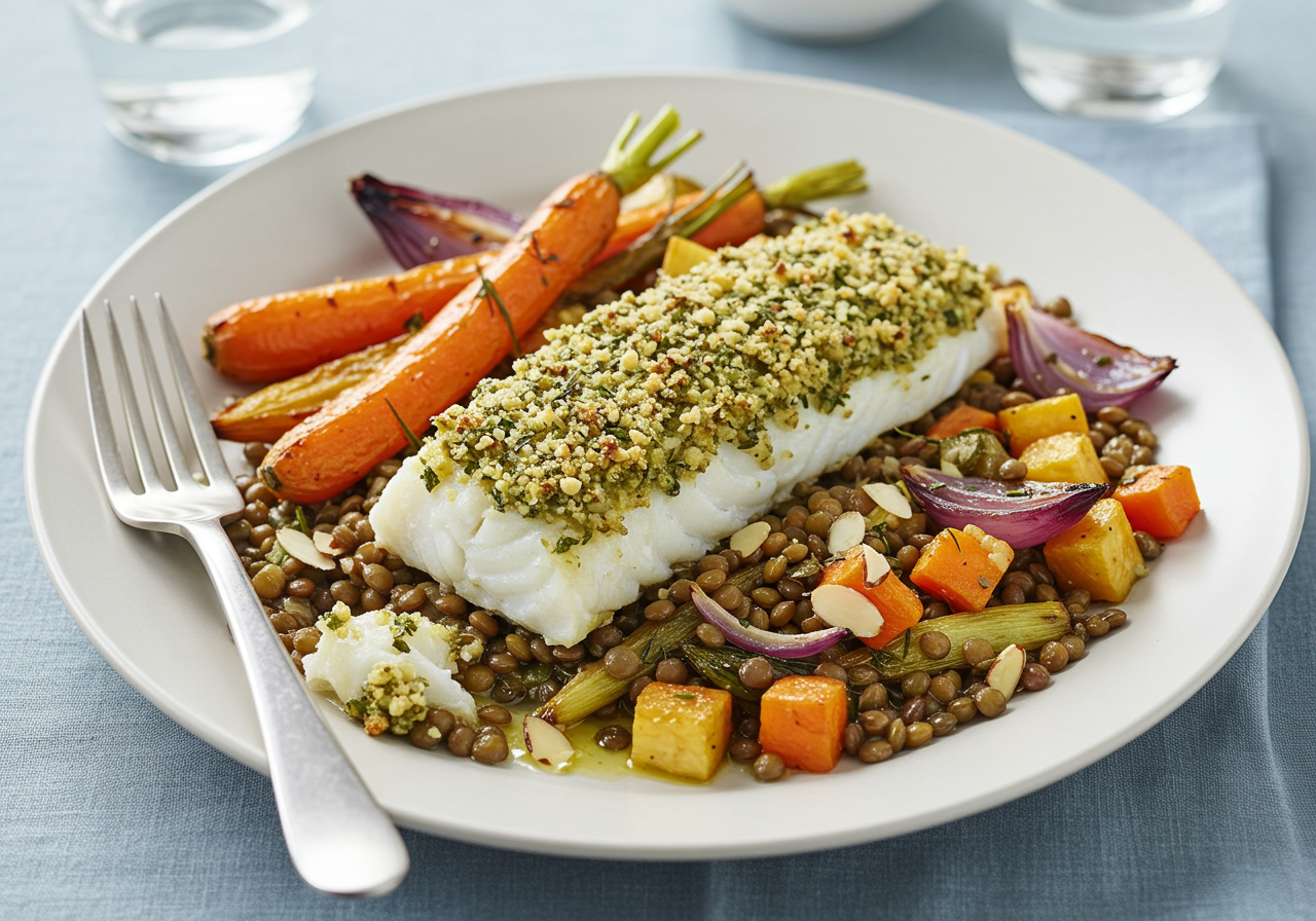 Herb-Crusted Cod with Roasted Root Vegetable & Lentil Salad