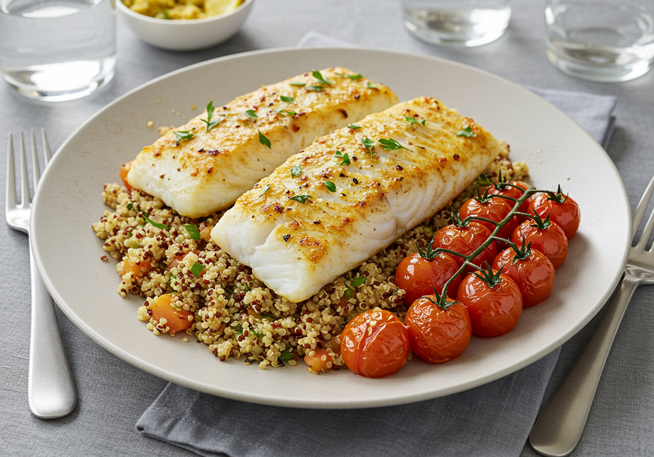 Moroccan-Spiced Baked Cod with Herbed Quinoa