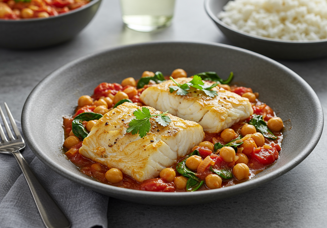 Moroccan-Spiced Cod with Chickpea & Spinach Stew