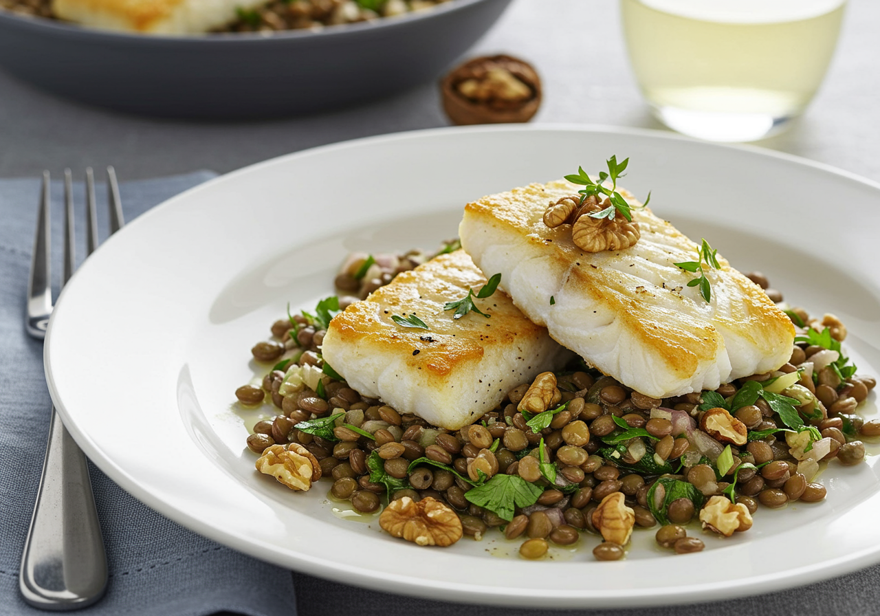 Pan-Seared Cod with Warm Lentil and Walnut Salsa