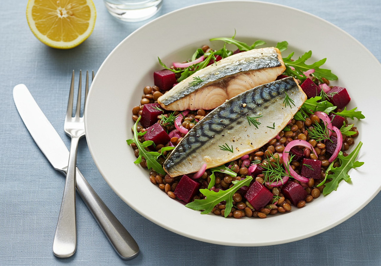 Pan-Seared Mackerel with Warm Beetroot & Lentil Salad