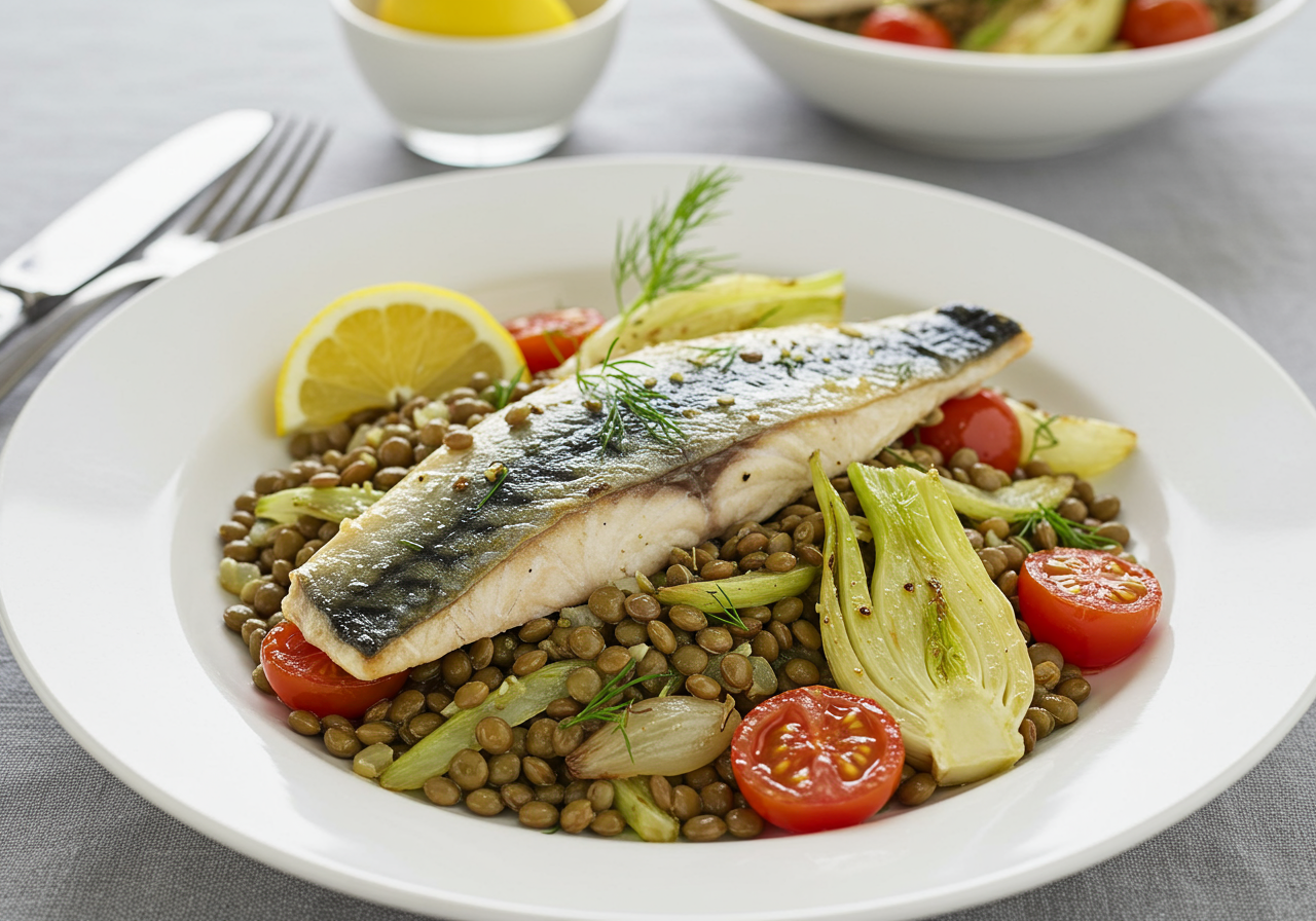 Pan-Seared Mackerel with Warm Lentil & Fennel Salad