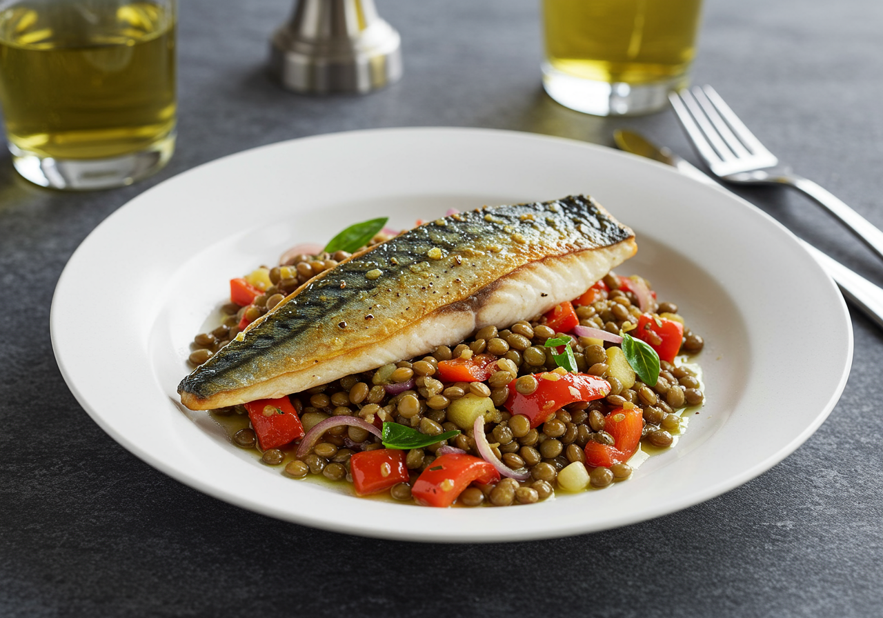 Pan-Seared Mackerel with Warm Lentil & Roasted Pepper Salad