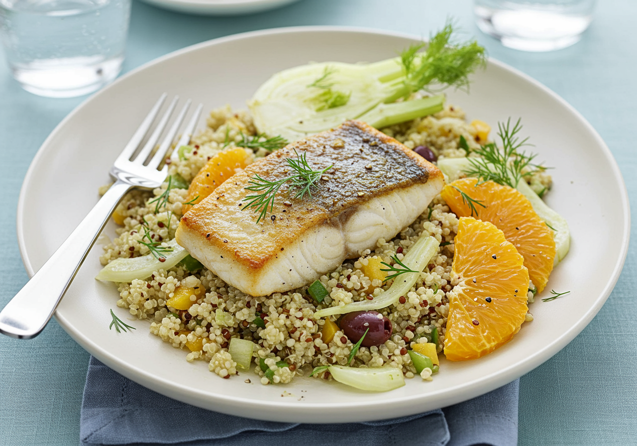 Pan-Seared Sea Bream with Fennel, Orange, and Quinoa Salad