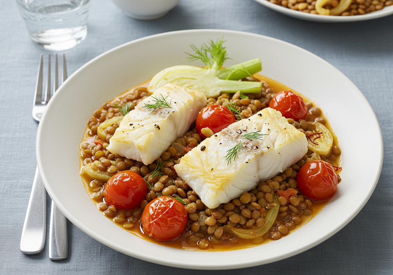 Saffron Cod and Fennel Stew with Puy Lentils