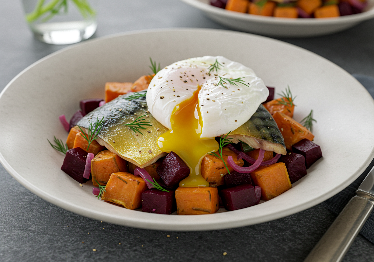 Smoked Mackerel & Beetroot Hash with Poached Egg