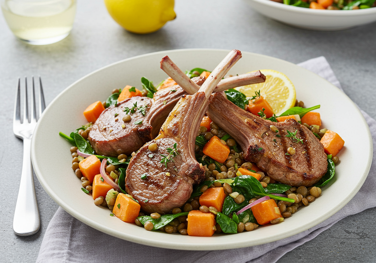 Lemon-Herb Lamb Chops with Warm Lentil & Sweet Potato Salad
