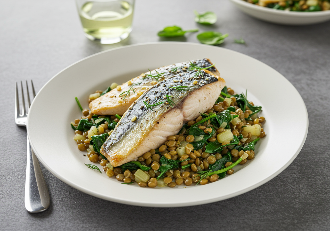 Pan-Seared Mackerel with Warm Lentil & Spinach Salad