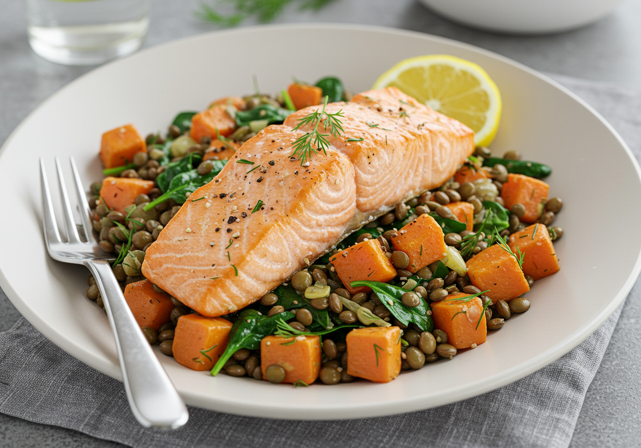 Pan-Seared Salmon with Warm Lentil & Sweet Potato Salad