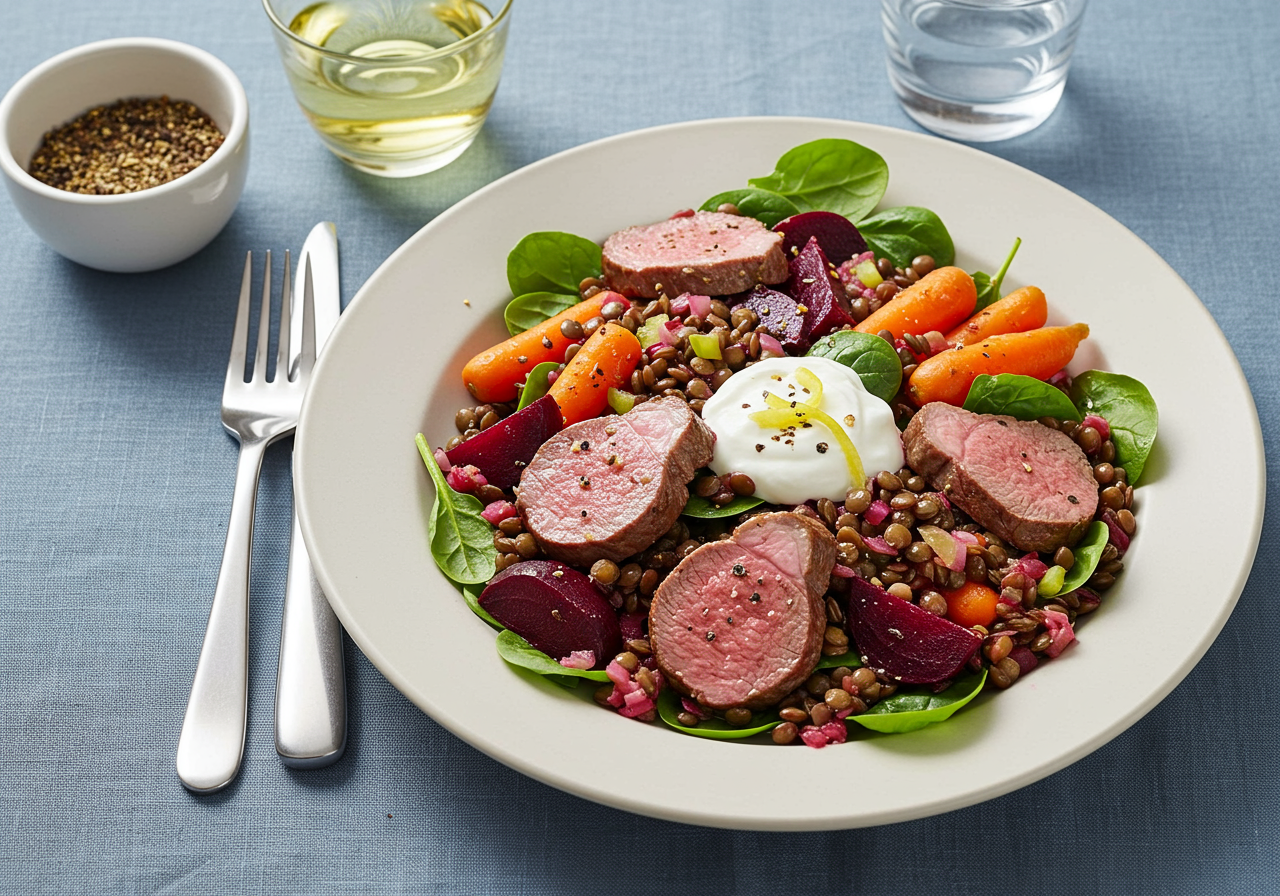 Warm Lamb, Lentil & Beetroot Salad with Mint-Yogurt Dressing