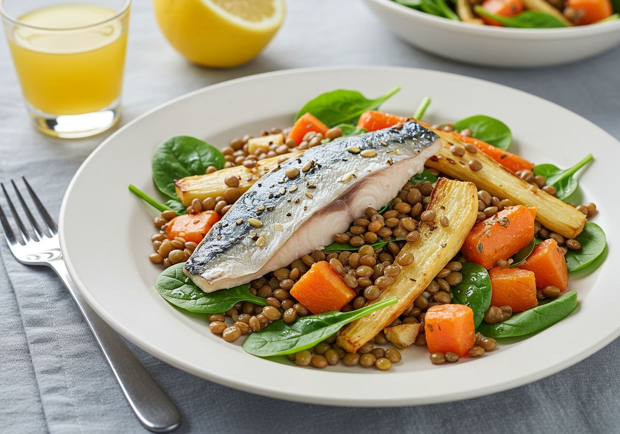 Warm Mackerel & Lentil Salad with Roasted Root Vegetables