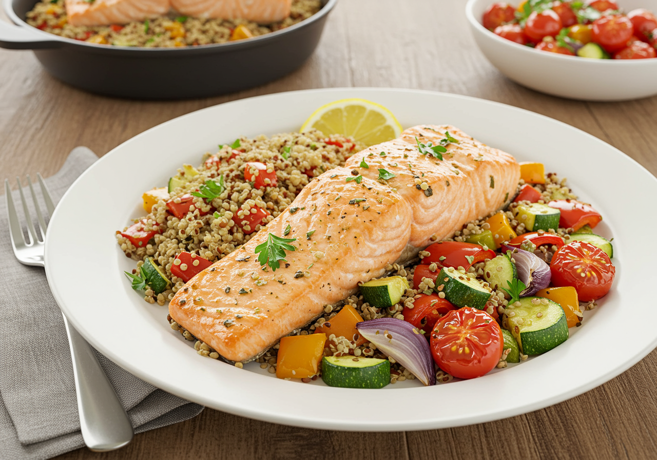 Mediterranean Baked Salmon with Quinoa and Roasted Vegetables