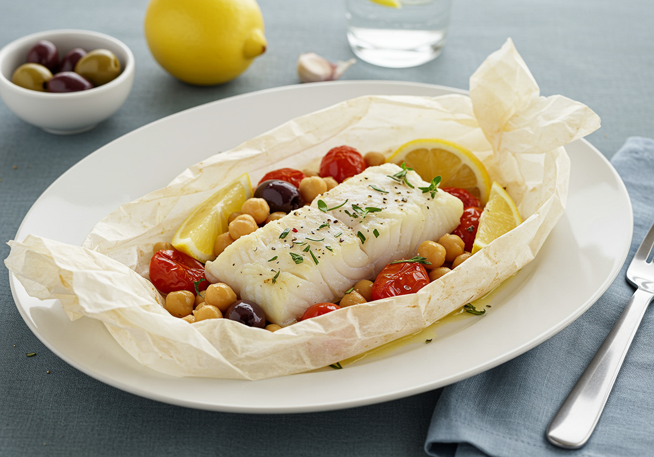 Mediterranean Cod en Papillote with Chickpeas