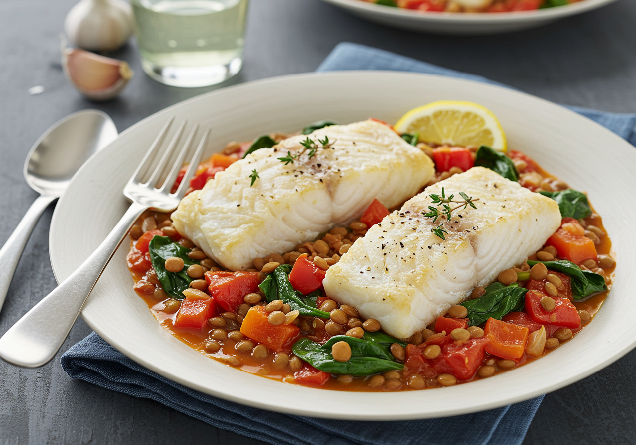 Mediterranean-Style Cod with Braised Lentils