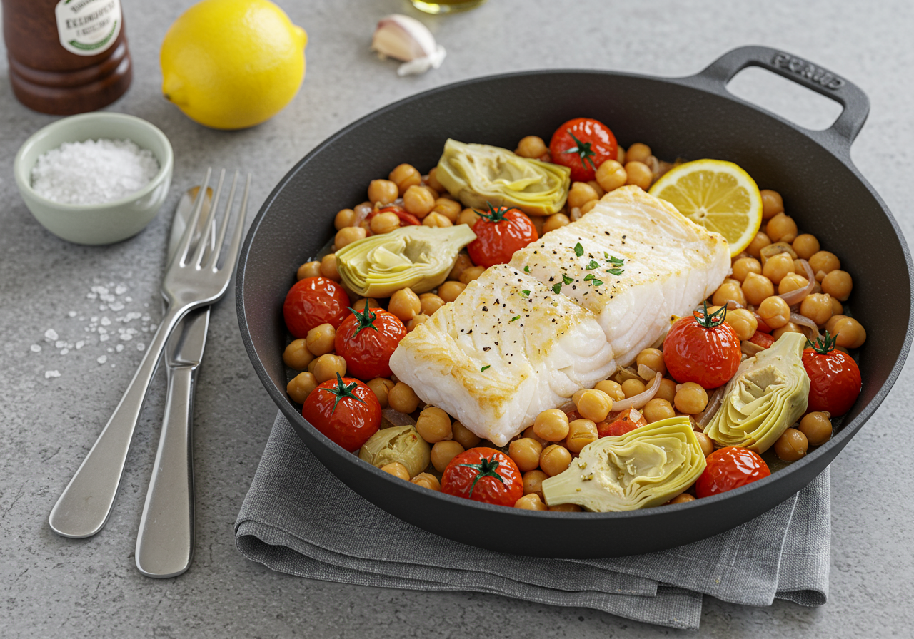One-Pan Mediterranean Cod with Chickpeas & Artichokes