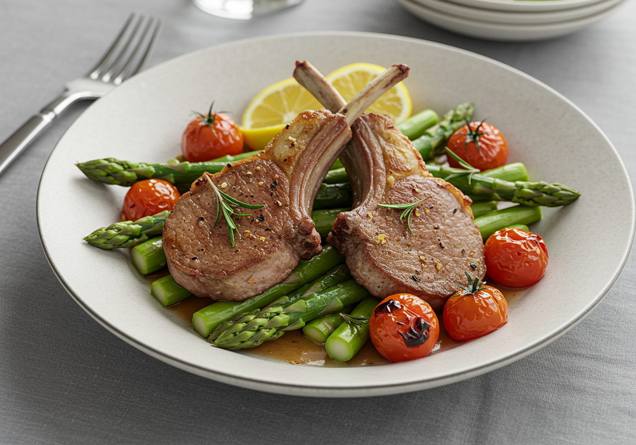 Pan-Seared Lamb with Rosemary, Asparagus & Blistered Tomatoes