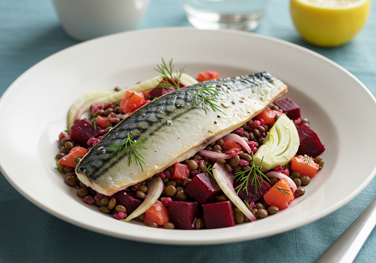 Pan-Seared Mackerel with Warm Beetroot & Lentil Salad