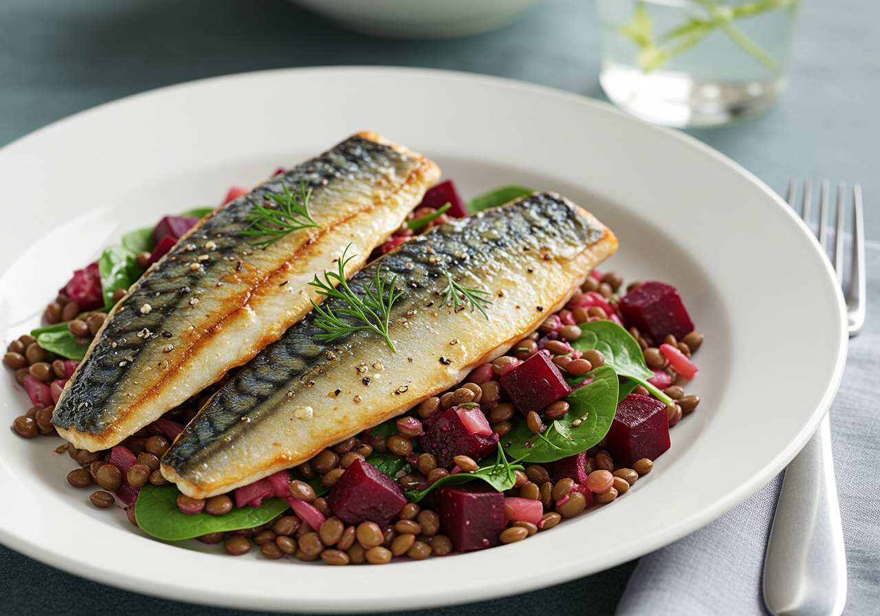 Pan-Seared Mackerel with Warm Lentil & Beetroot Salad