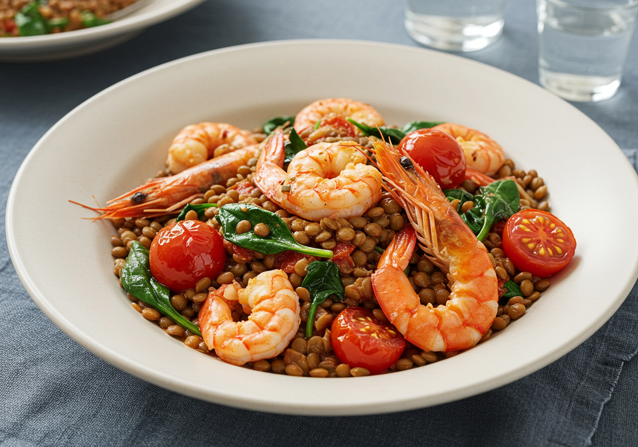 Smoky Spanish Prawns with Lentils and Spinach