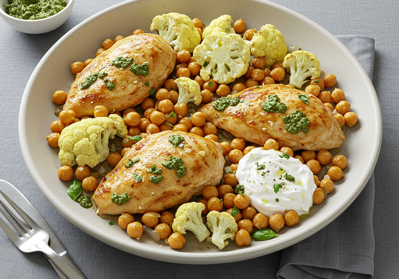 Pesto Chicken Sheet Pan with Roasted Cauliflower & Chickpeas