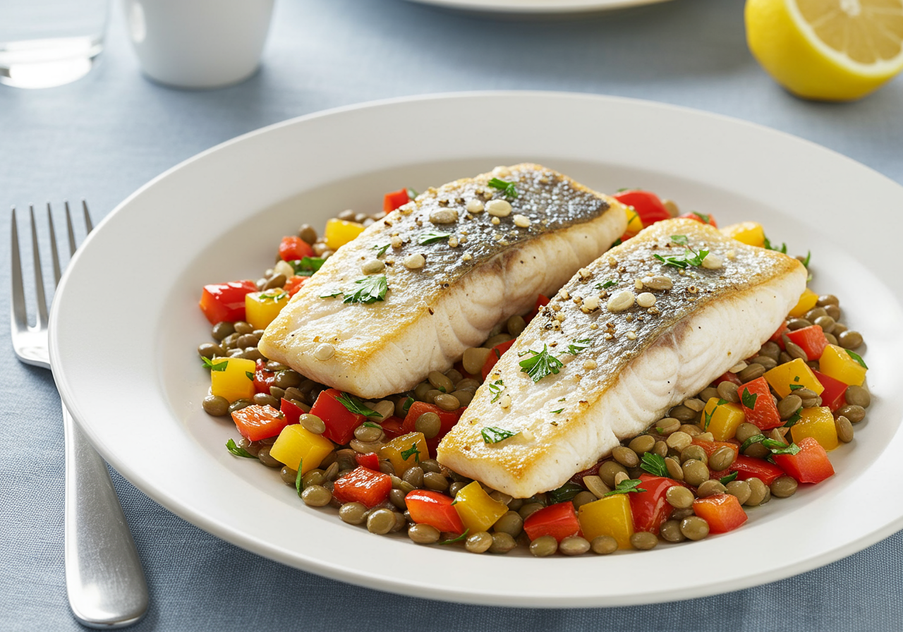 Pan-Seared Sea Bass with Warm Lentil & Bell Pepper Salad