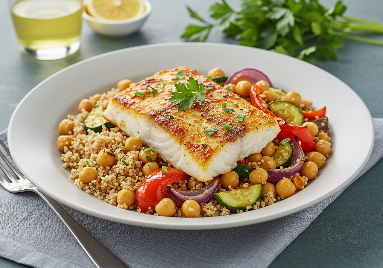 Moroccan-Spiced Cod with Roasted Vegetable & Chickpea Couscous