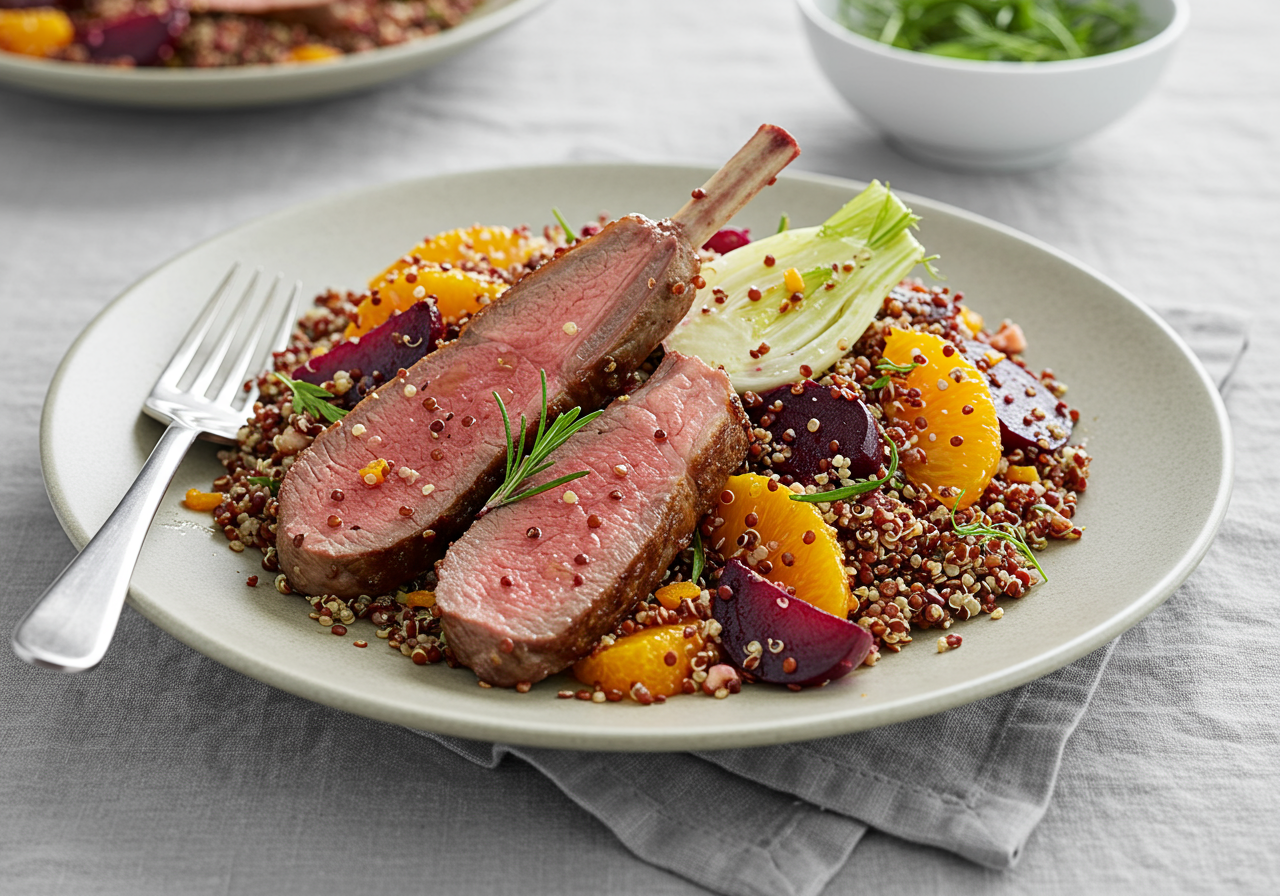 Seared Lamb Loin with Roasted Beetroot and Quinoa Salad