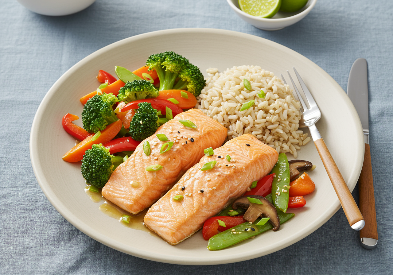 Nourishing Pan-Seared Salmon with Ginger-Lime Vegetables and Brown Rice