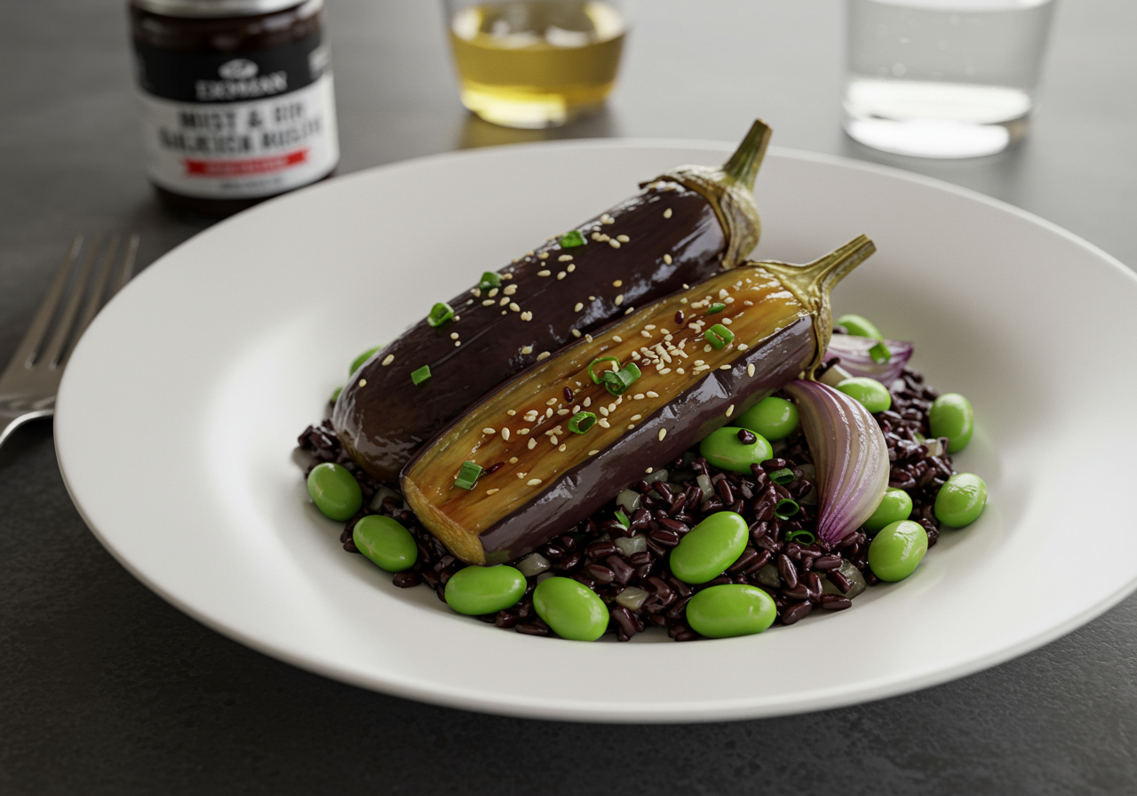 Miso-Glazed Aubergine with Black Rice and Edamame