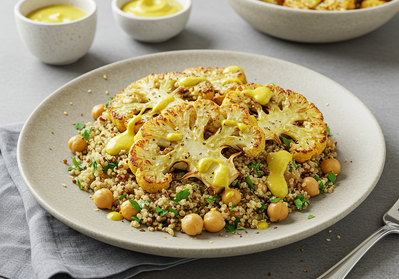 Roasted Cauliflower Steaks with Turmeric-Tahini Sauce & Herbed Quinoa