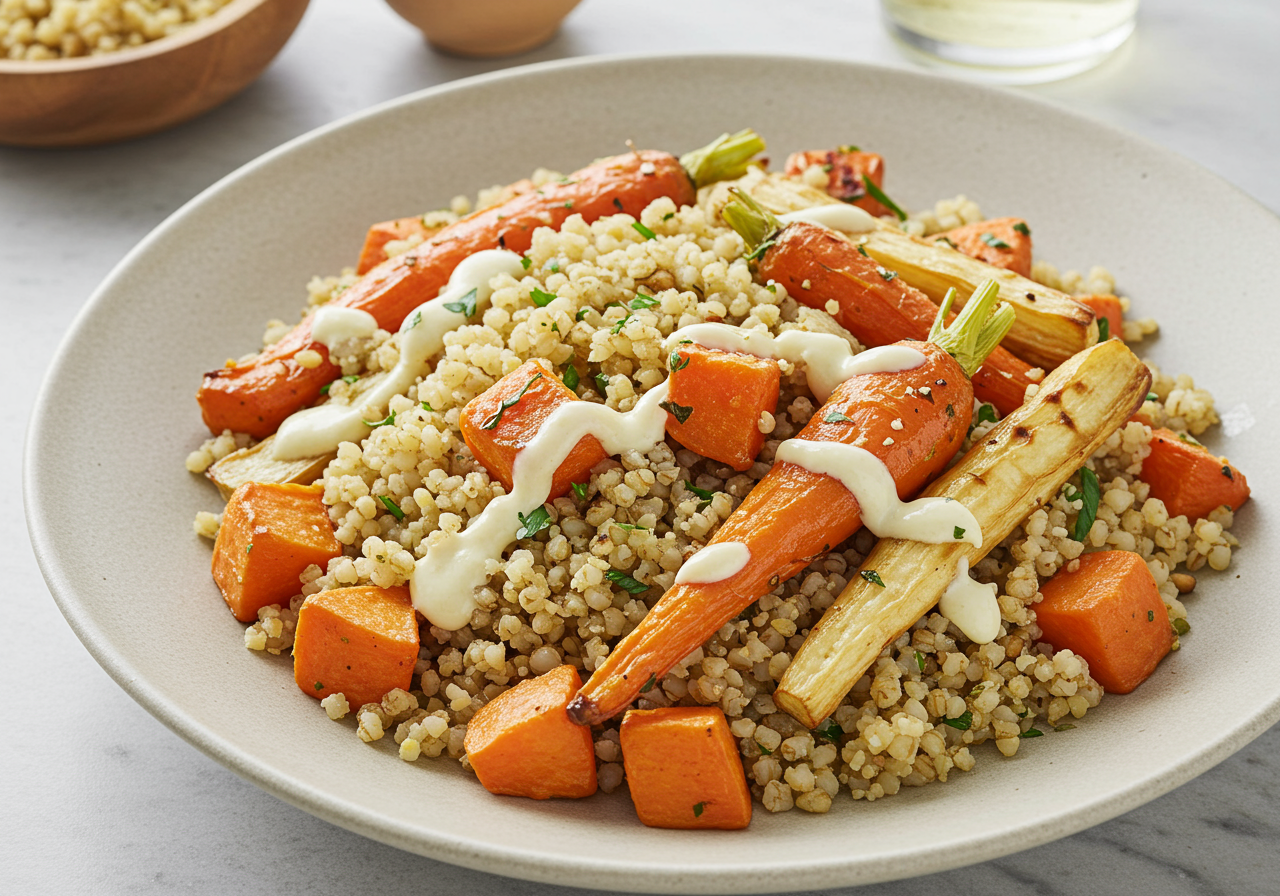 Roasted Root Vegetable & Millet Pilaf with Lemon-Tahini Drizzle