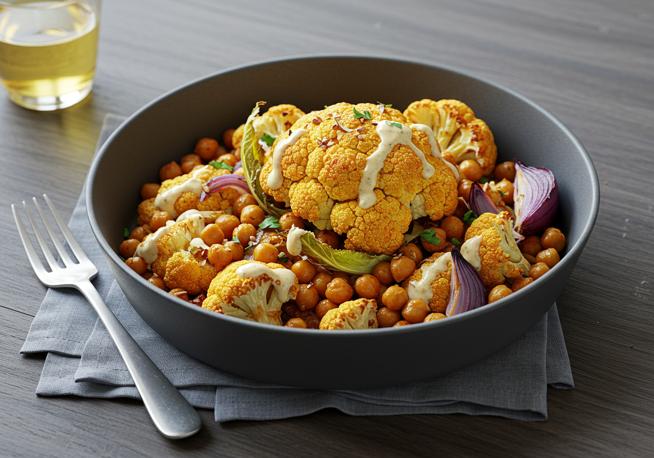 Spiced Cauliflower & Chickpea Bake with Lemon-Tahini Drizzle