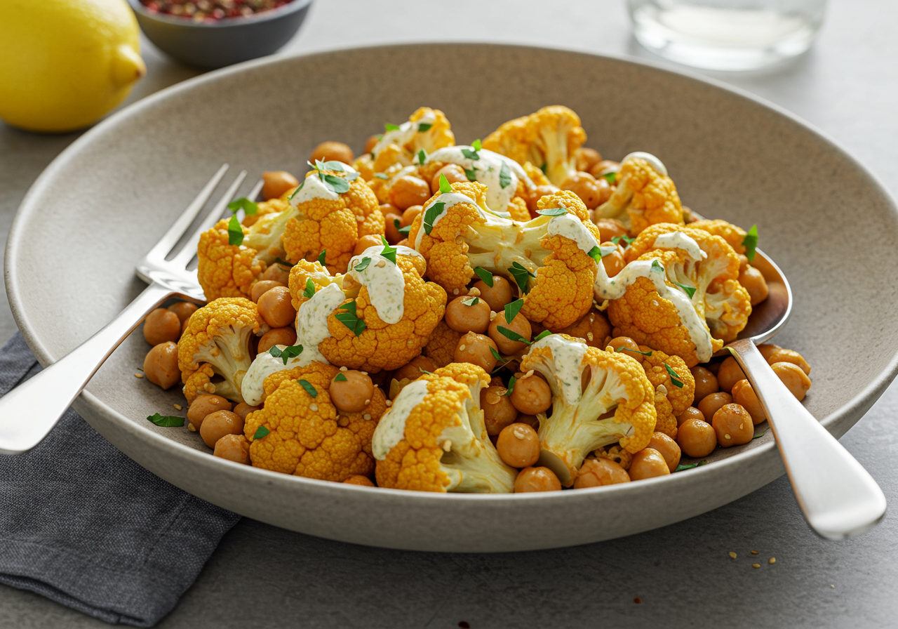 Spiced Cauliflower & Chickpea Skillet with Tahini-Herb Drizzle