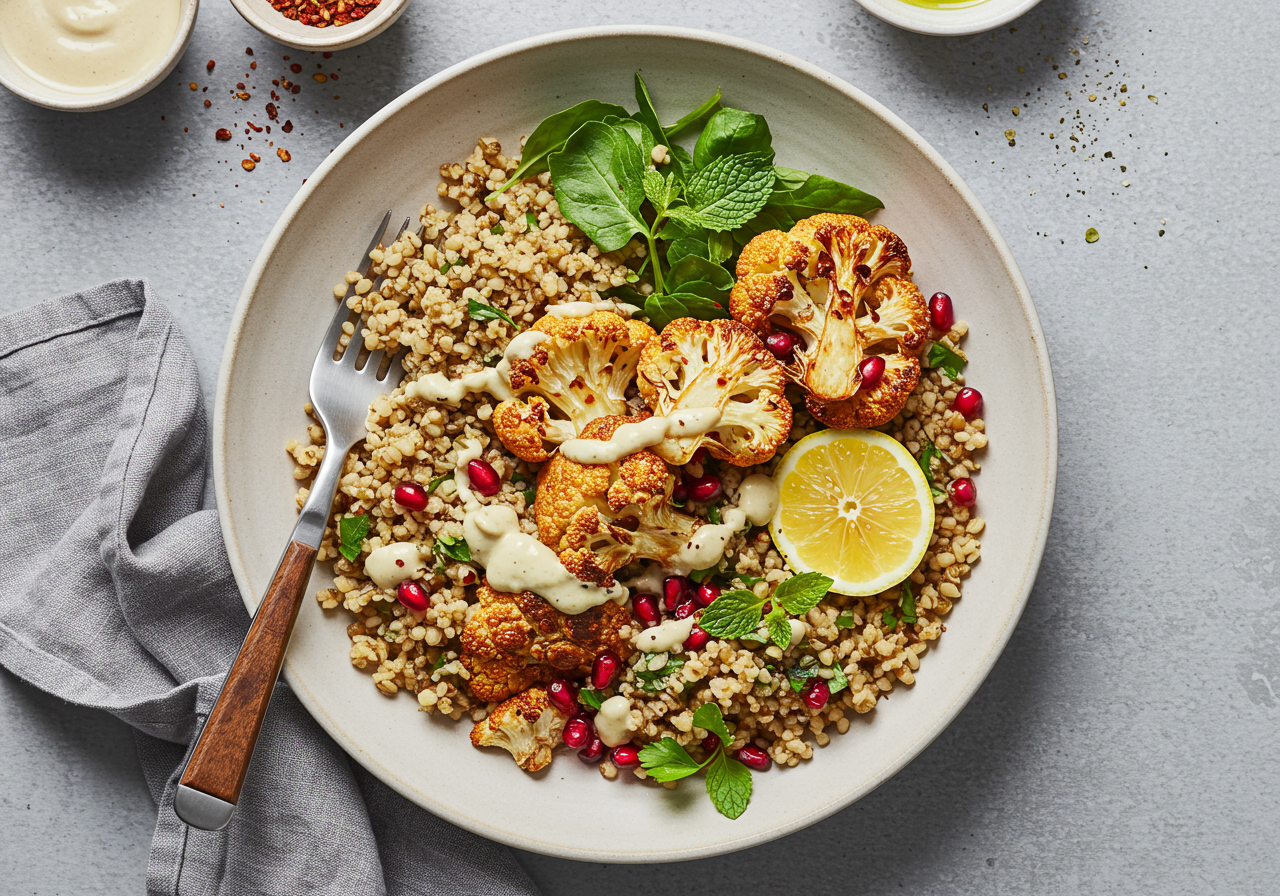 Spiced Freekeh with Roasted Cauliflower and Tahini-Herb Drizzle