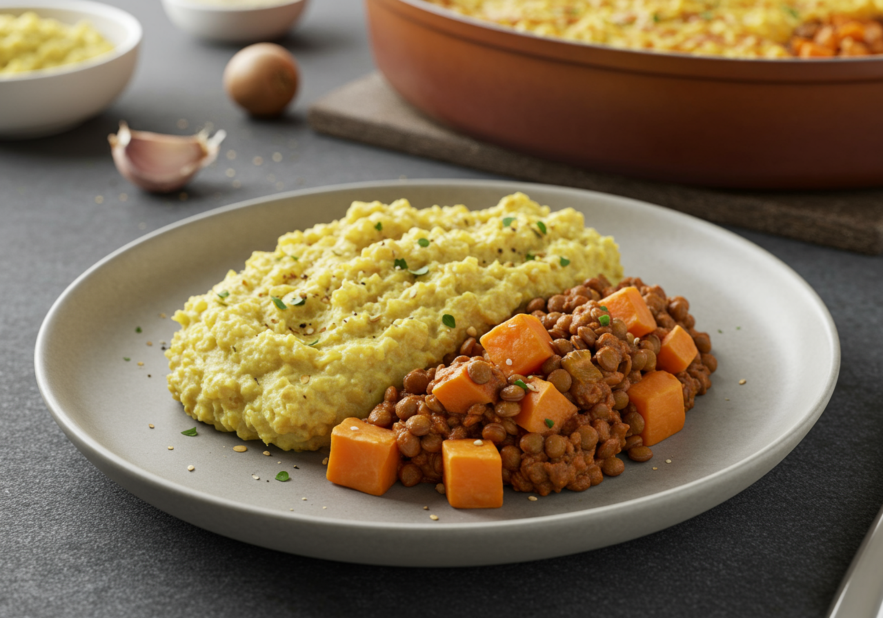 Spiced Lentil & Sweet Potato Pie with Cauliflower-Millet Mash