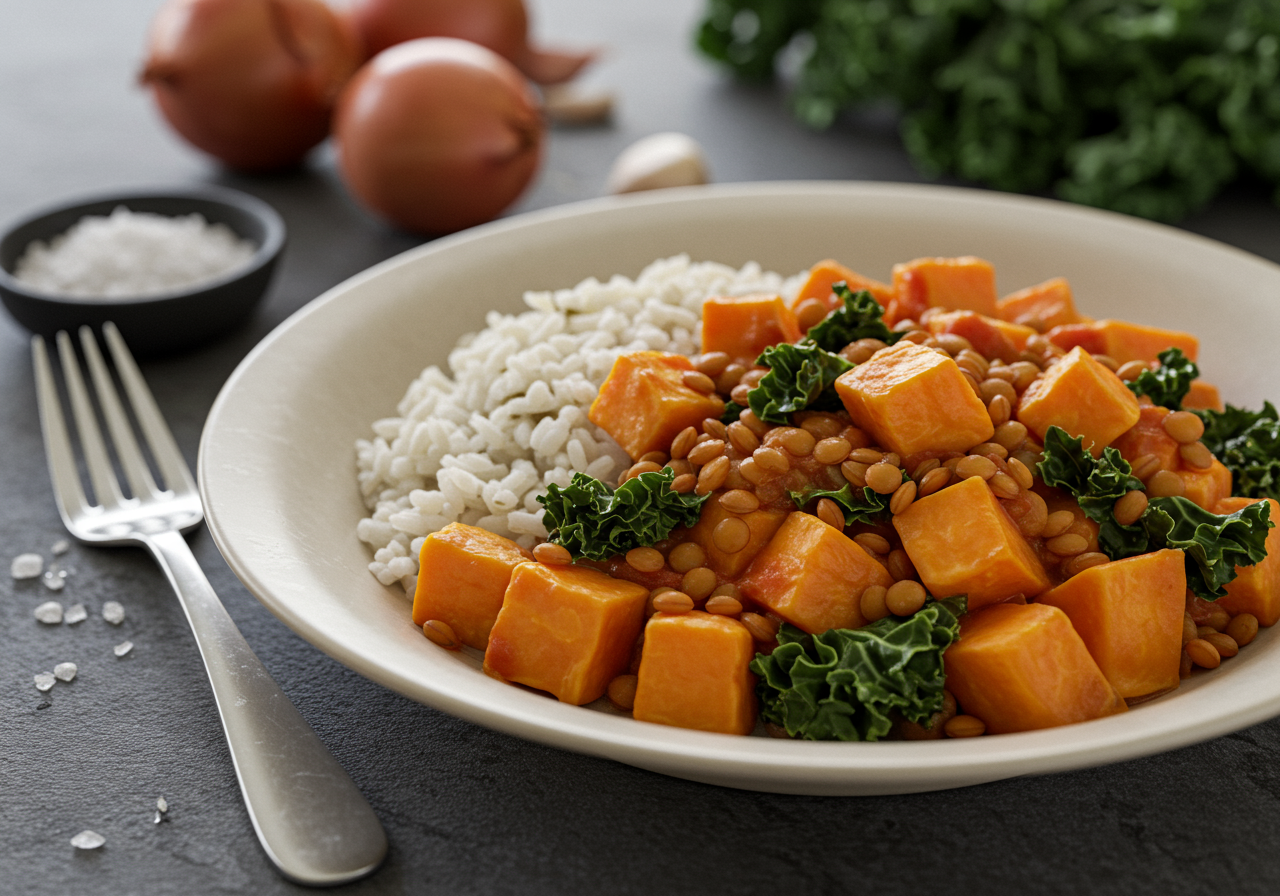 Spiced Lentil and Sweet Potato Stew with Kale