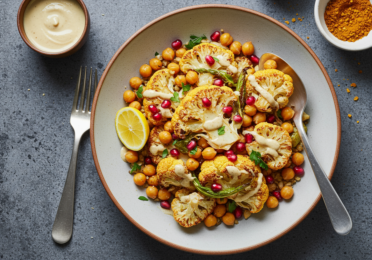 Spiced Roasted Cauliflower with Tahini & Pomegranate