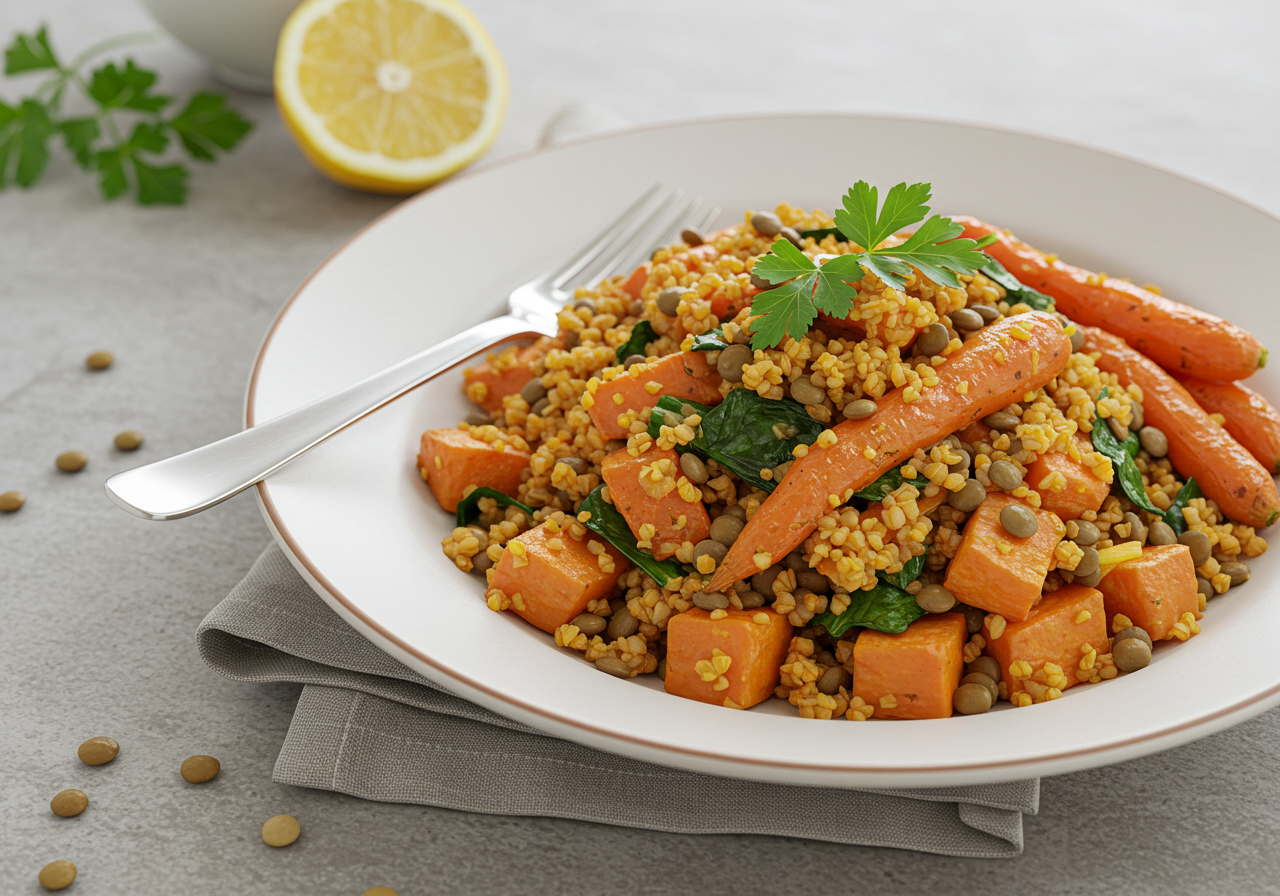 Hearty Middle Eastern Spiced Lentil & Bulgur Pilaf with Roasted Vegetables