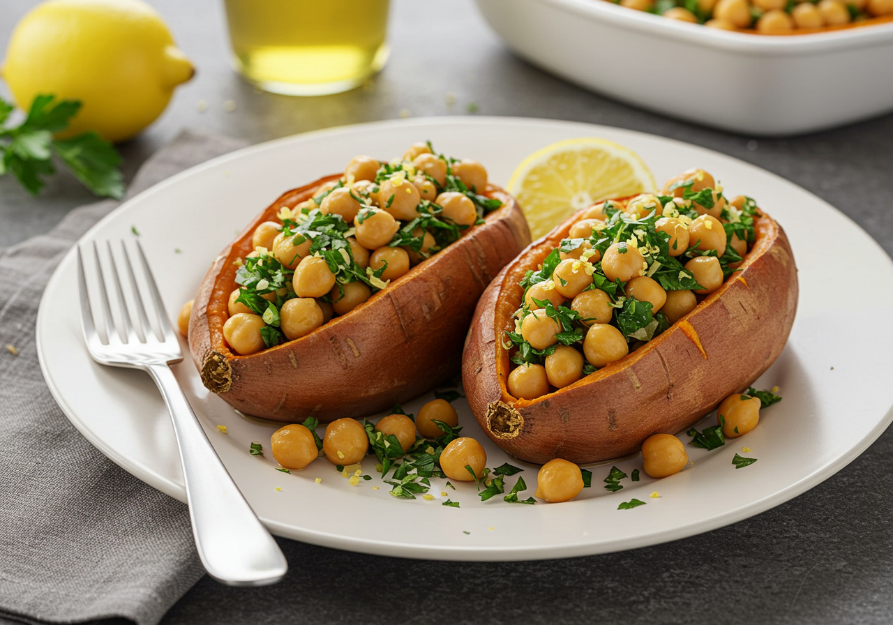 Mediterranean Baked Sweet Potatoes with Chickpea & Herb Stuffing