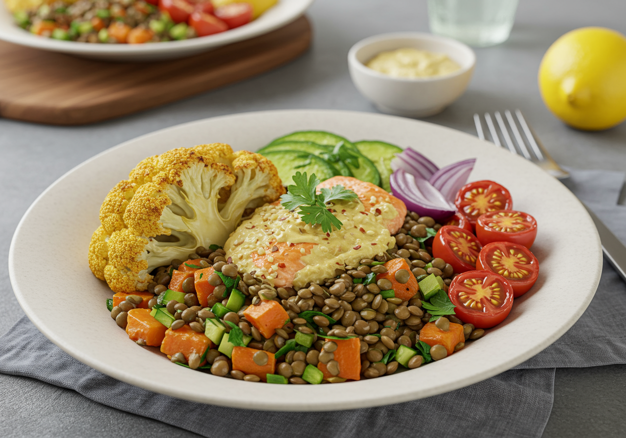 Roasted Cauliflower and Lentil Bowl with Lemon-Tahini Dressing