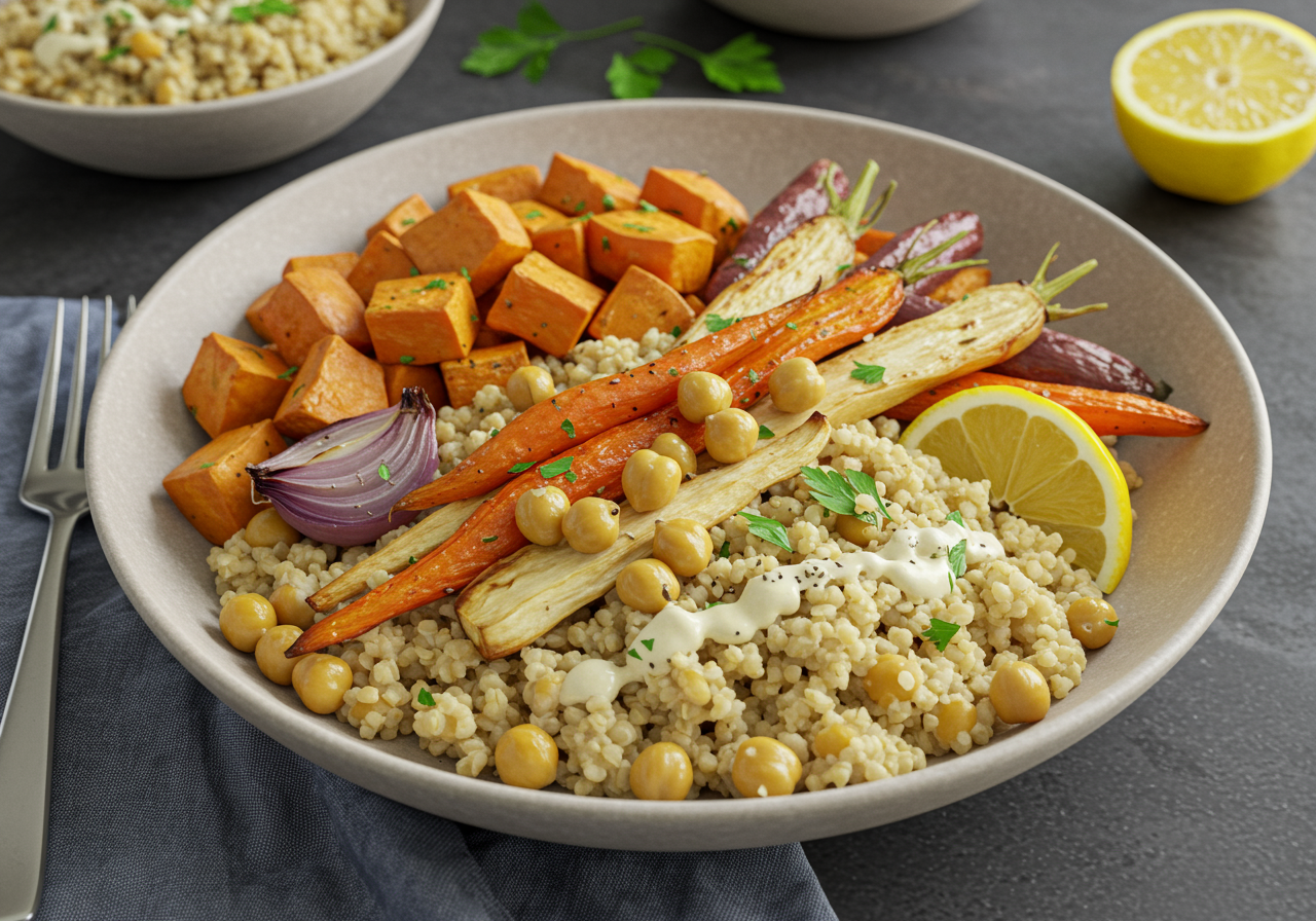 Roasted Root Vegetable & Chickpea Pilaf with Herbed Millet