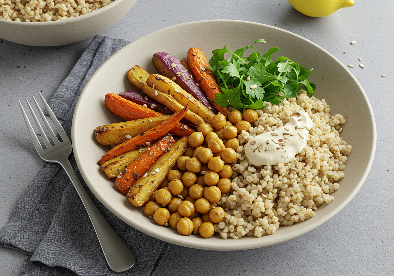 Roasted Root Vegetable & Millet Bowl with Lemon-Tahini Drizzle